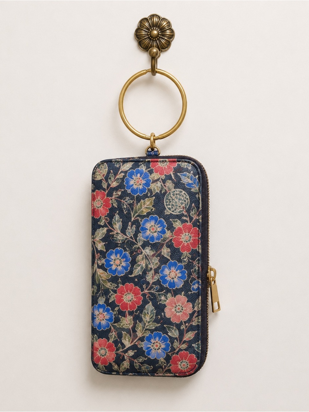 Bloomingdale’s Boho Bohemian Floral Zip metallic gold link wristlet clutch